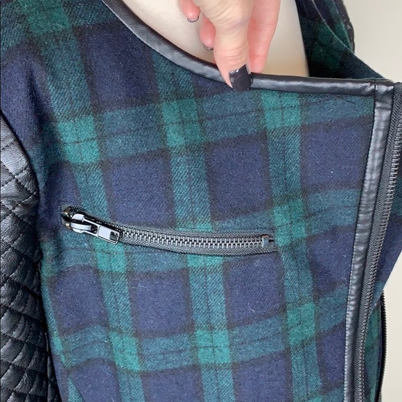 NWT WALTER BAKER 118 Sadie Blue Green Plaid Faux Leather Sleeve Coat MED - Picture 9 of 11